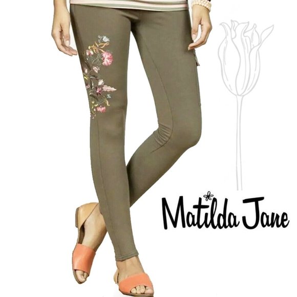 Matilda Jane Pants - Matilda Jane Scouts Honor Green Embroidered Floral Jeggings Pants Large